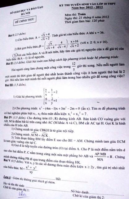 Đề thi tuyển sinh vào lớp 10 môn Toán.